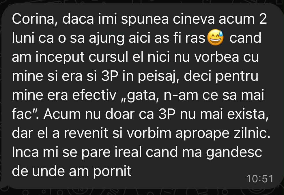 Mesaj WhatsApp de la o persoană care a lucrat cu mine, despre revenirea unei conexiuni la care renunțase să mai spere.