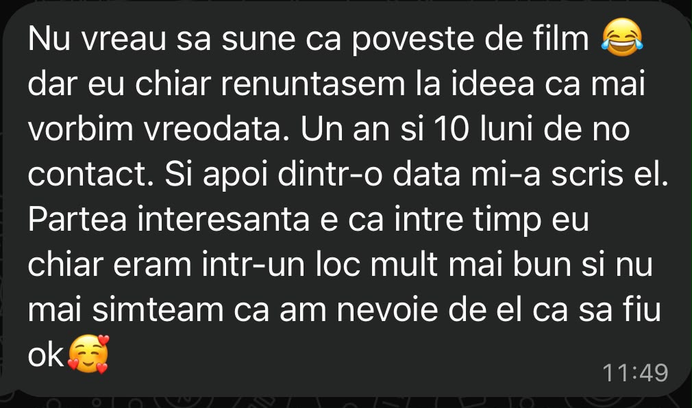 Mesaj WhatsApp de la o persoană care a lucrat cu mine, despre revenirea unei persoane după aproape doi ani de no contact.